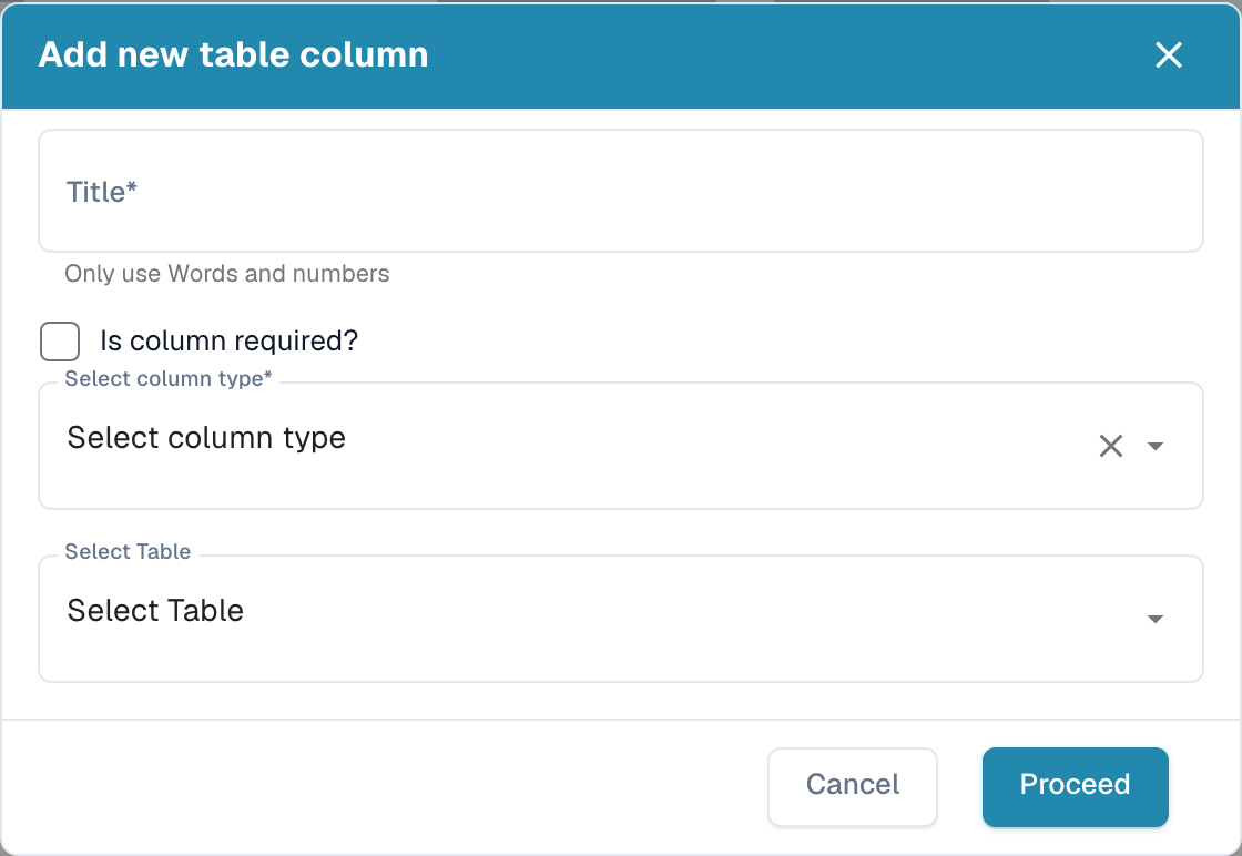 Dialoogvenster Nieuwe tabelkolom toevoegen met Titel, Is kolom verplicht, Selecteer kolomtype en Selecteer tabel